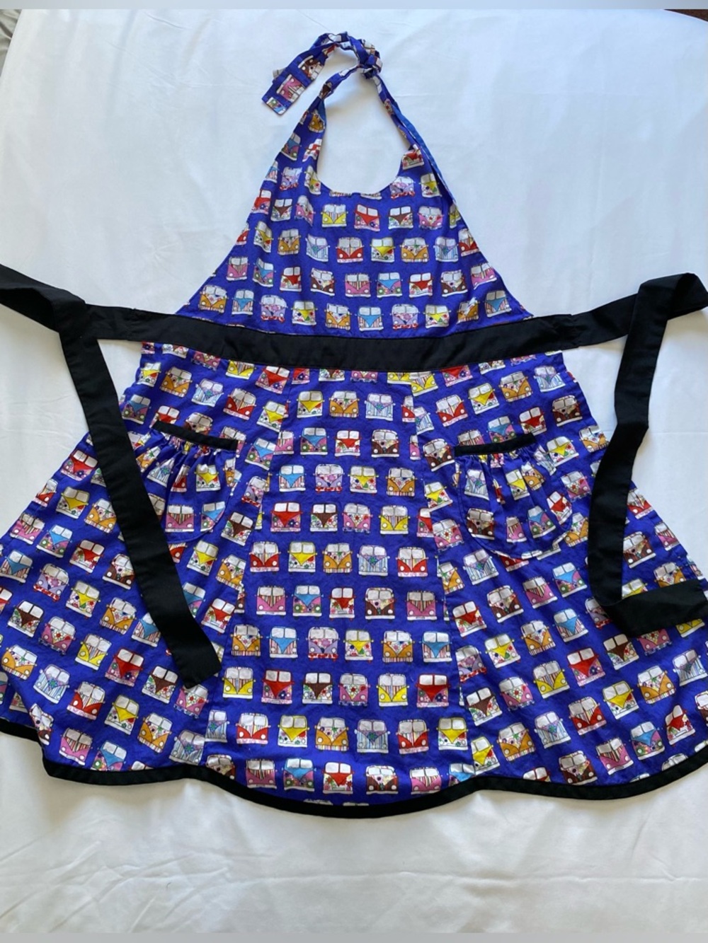 Blue Vintage VW Camper Print Halter Apron with Pockets